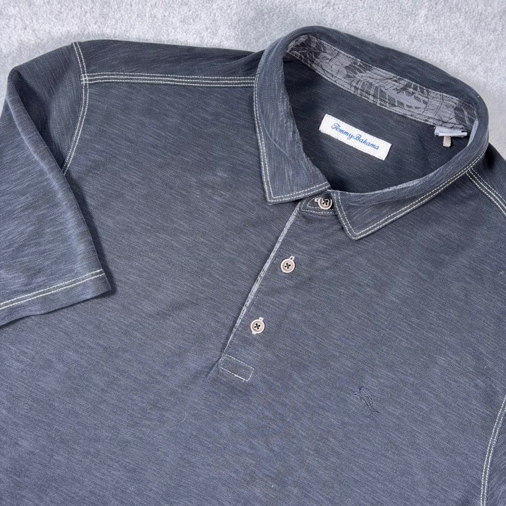 Tommy Bahama Polo Shirt Mens XL Gray Solid Contrast Stitch Slub Short Sleeve